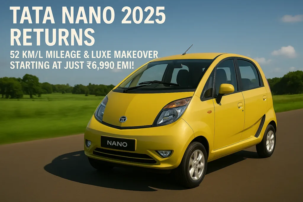Tata Nano 2025 Returns—52KM/L Mileage & Luxe Makeover Starting at Just ₹6,990 EMI! create a blog feature 3d image landscape  eyecatching and stunning amazing