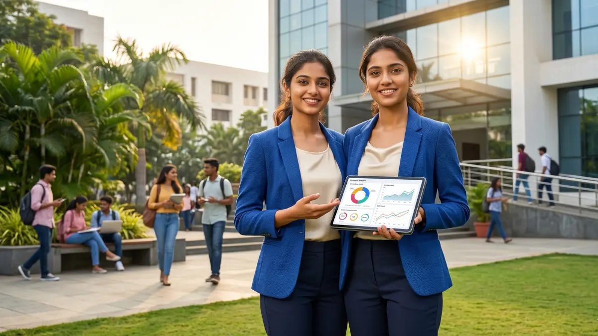 A confident Indian student holding a tablet with marketing analytics, representing the modern BBA in Marketing degree and career scope.
