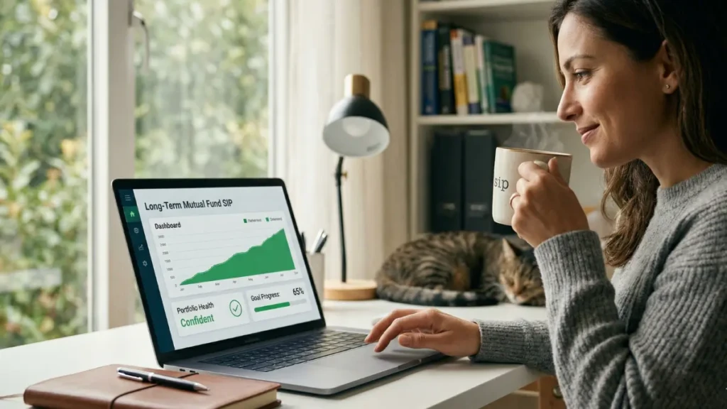 A calm investor confidently managing their long-term mutual fund SIPs during a market crash.
