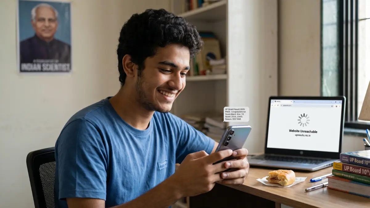 Indian student smiling while checking their UP Board 10th and 12th Result 2026 via SMS on a smartphone after the official website crashed.