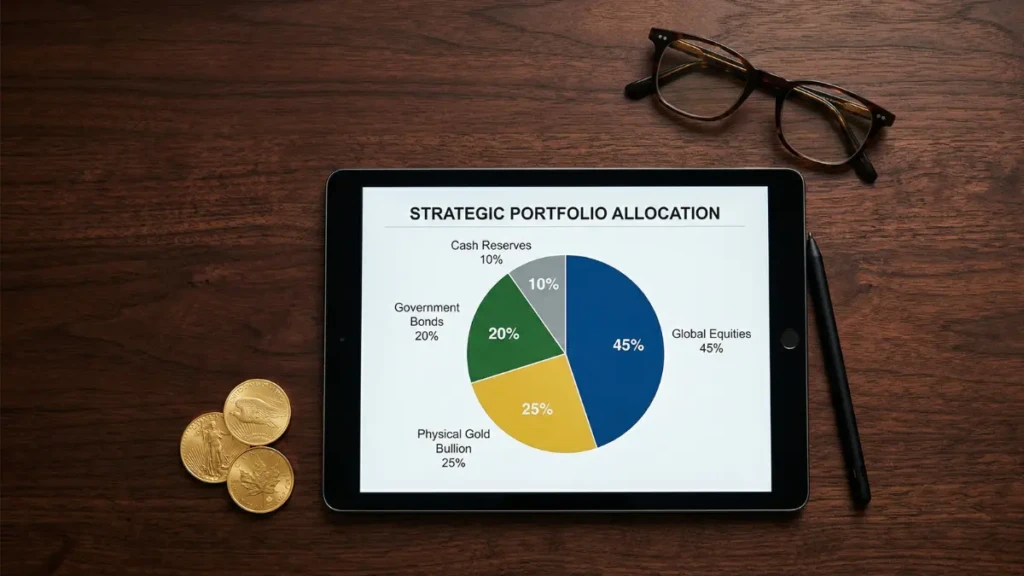 A balanced investment portfolio featuring gold and equities to hedge against market volatility.