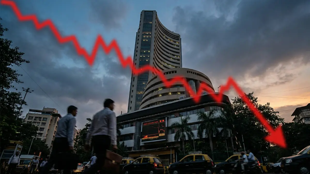 A red downward stock chart overlaying the Bombay Stock Exchange, representing the Indian stock market crash today.