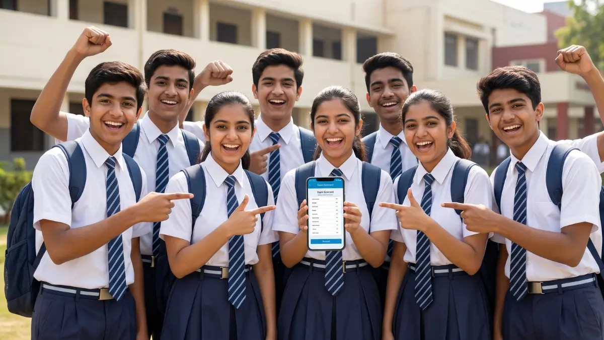 Happy Karnataka board students celebrating their historic 94.1% pass rate in the 2026 SSLC results while looking at a smartphone.