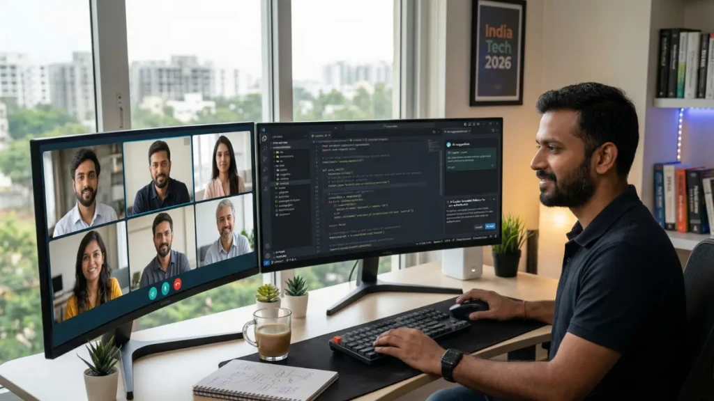 A confident software engineer successfully integrating AI tools to secure their career in 2026.
