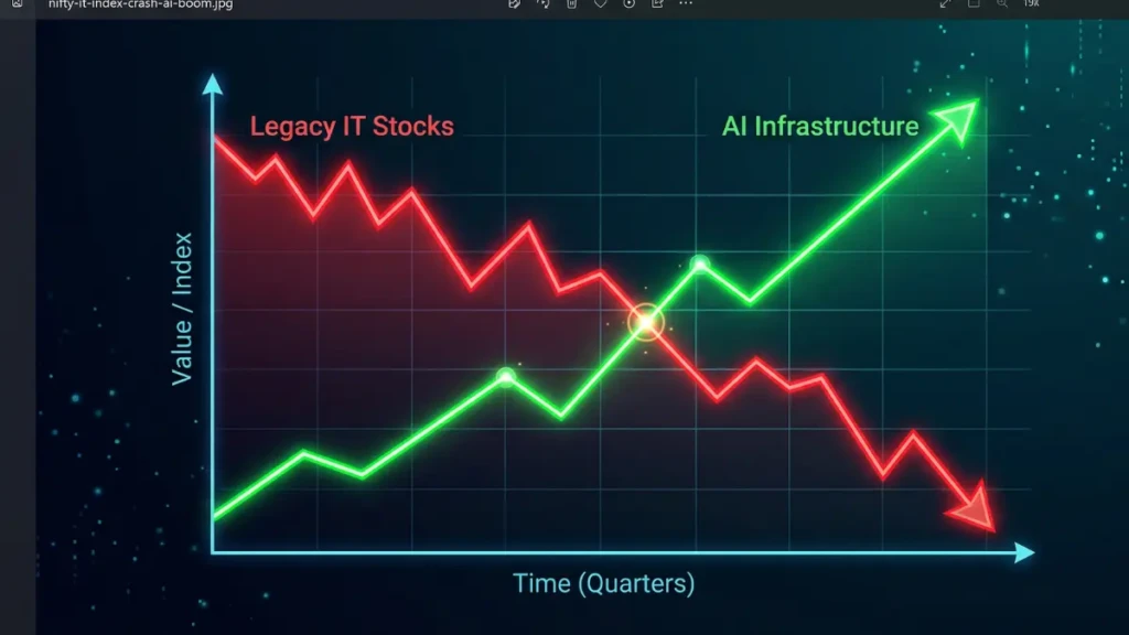 A financial chart showing the Nifty IT index crashing while AI infrastructure investments rise.