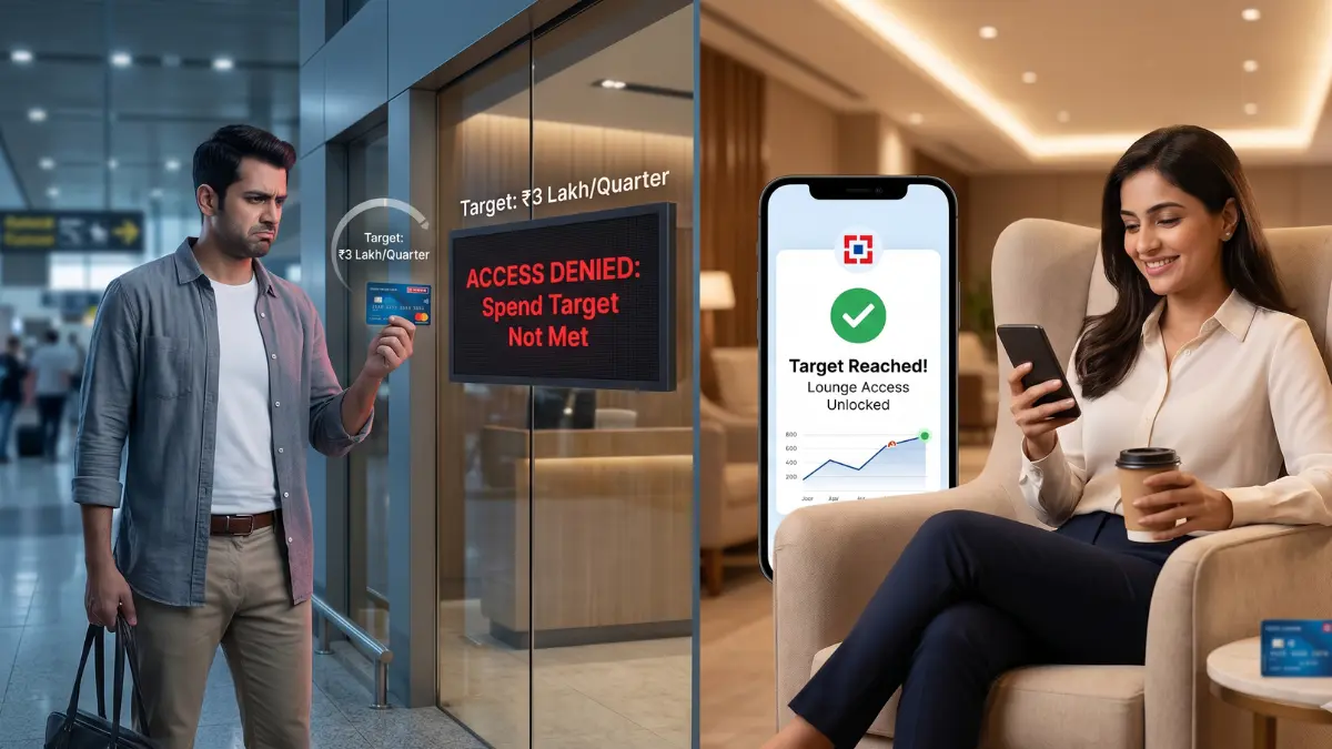 A visual representation of HDFC's new spend-based conditional airport lounge access rules for 2026.