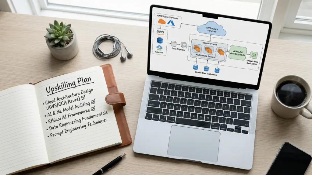 An IT professional's desk focusing on upskilling into cloud architecture and AI model auditing.
