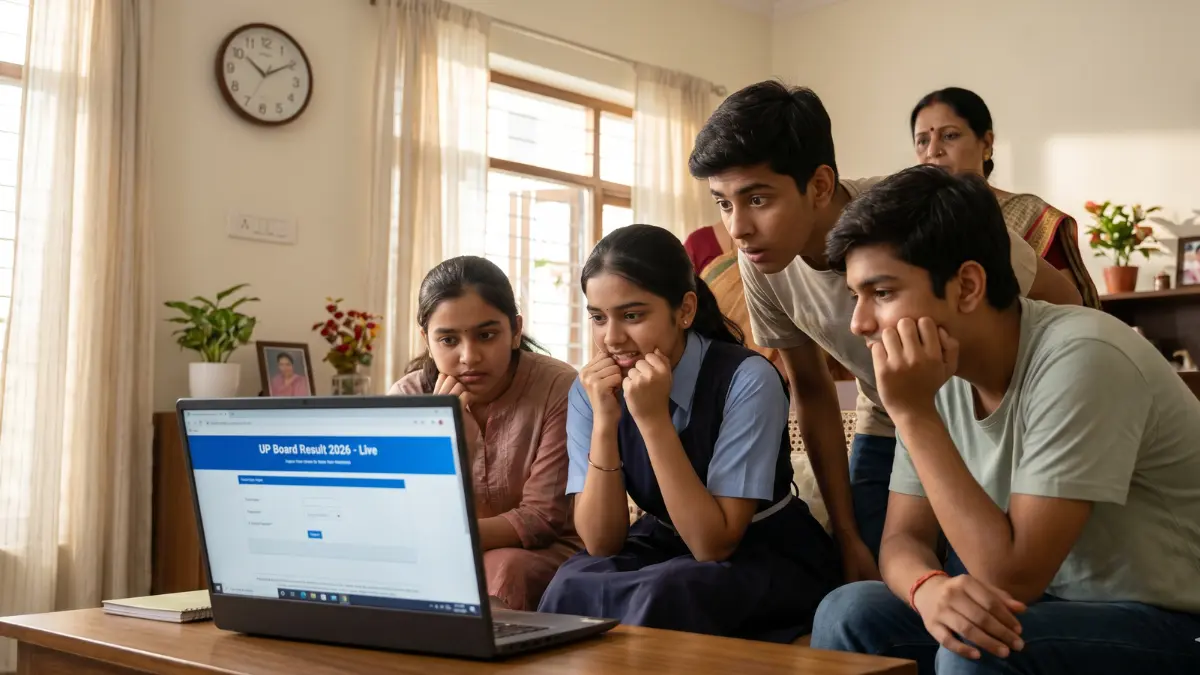 UP Board students eagerly looking at a laptop screen to check their Class 10th and 12th live results for 2026.