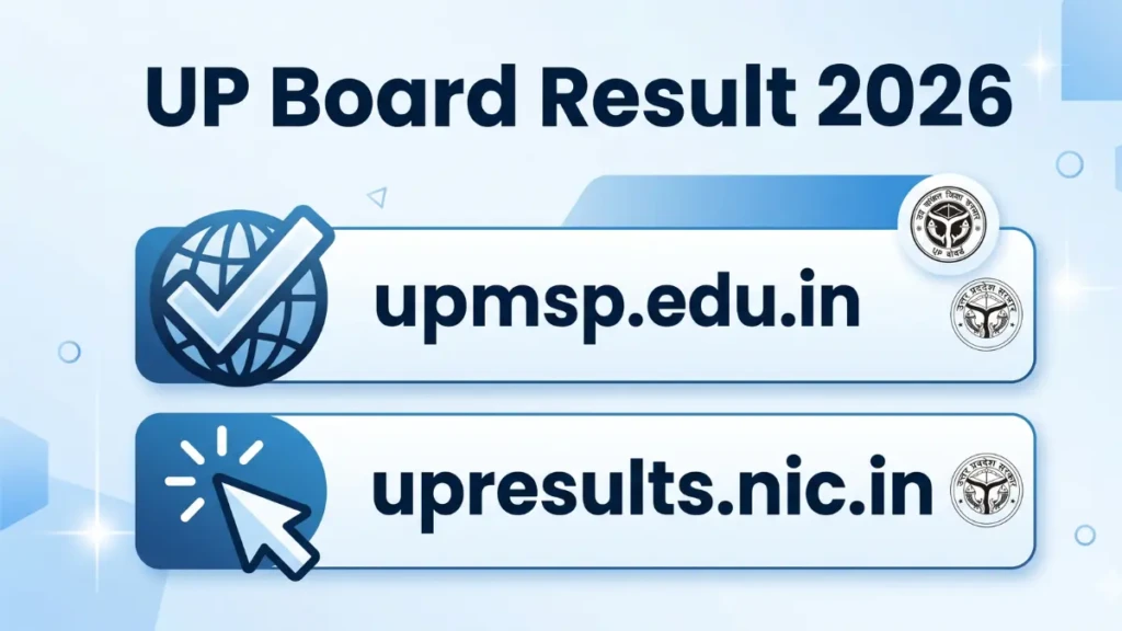 Infographic listing the official websites upmsp.edu.in and upresults.nic.in to check the UP Board 10th and 12th Result 2026.