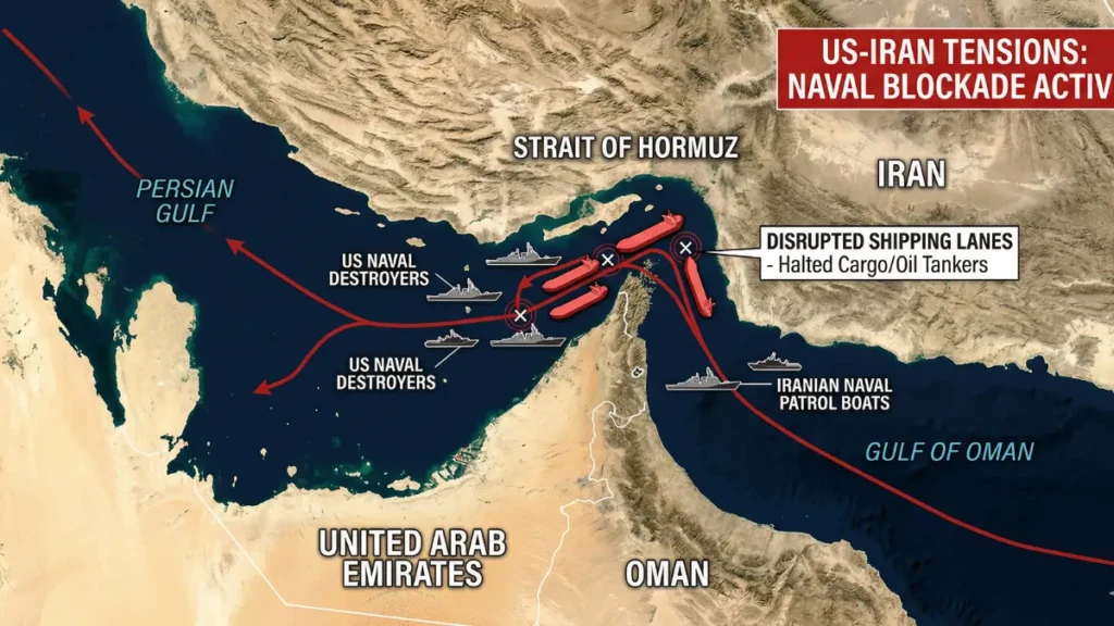  A map of the Strait of Hormuz showing the US-Iran naval blockade and disrupted oil shipping lanes.