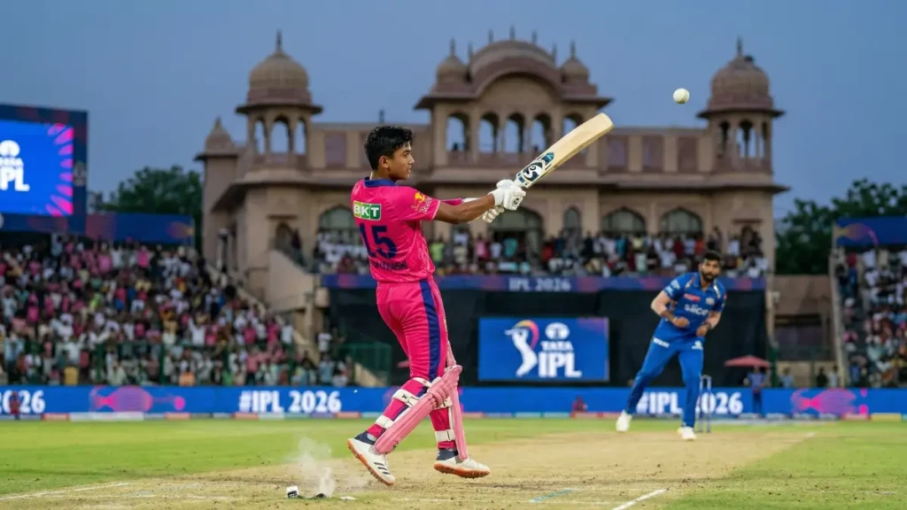 Vaibhav Sooryavanshi hitting a six against elite fast bowlers in IPL 2026.